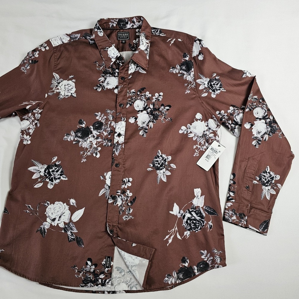 Guess Brown Slim Fit Floral Rose Button Down Shirt Mens XXL NEW